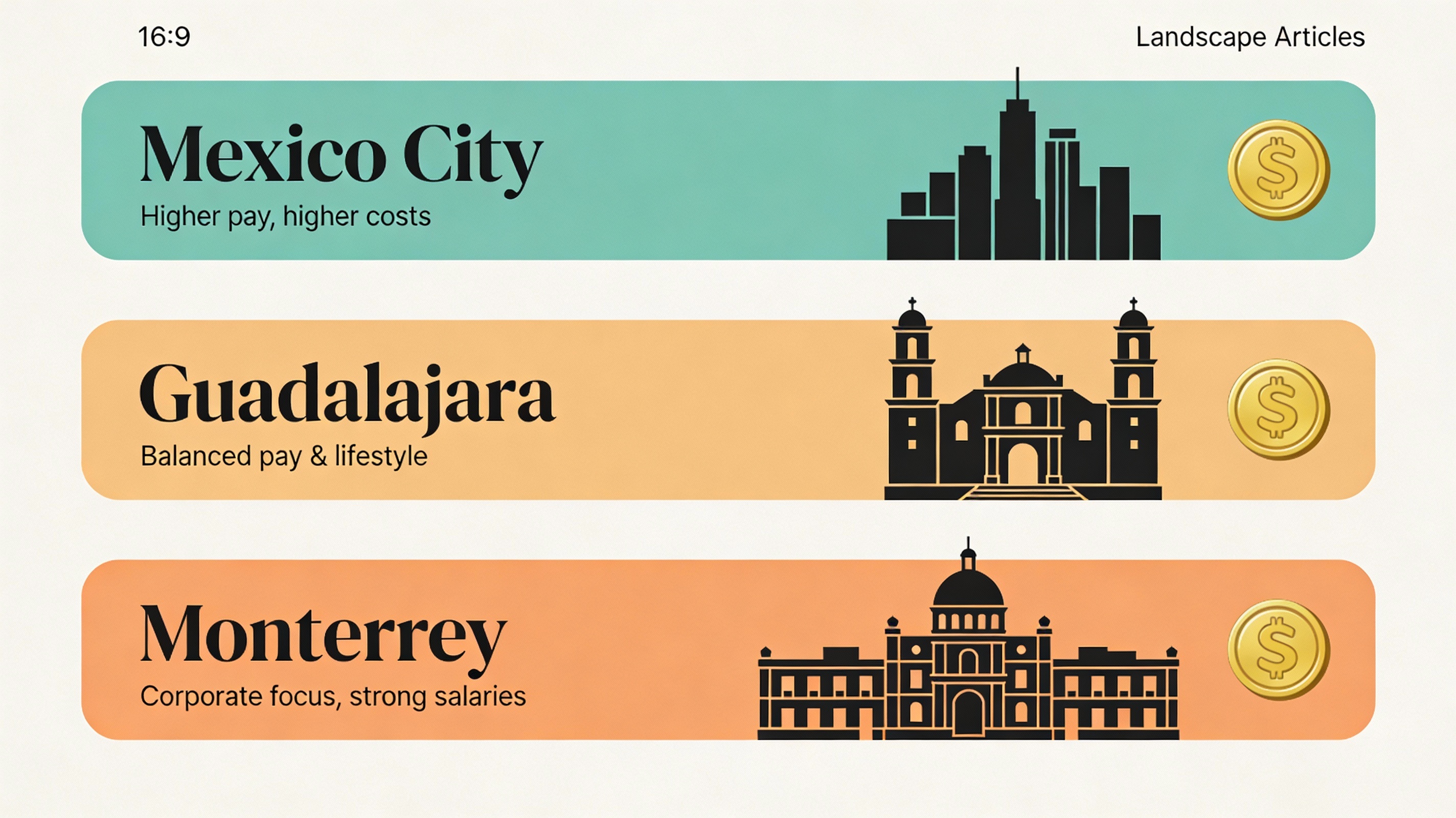 Comparison graphic for Mexico City, Guadalajara and Monterrey as TEFL teaching destinations.